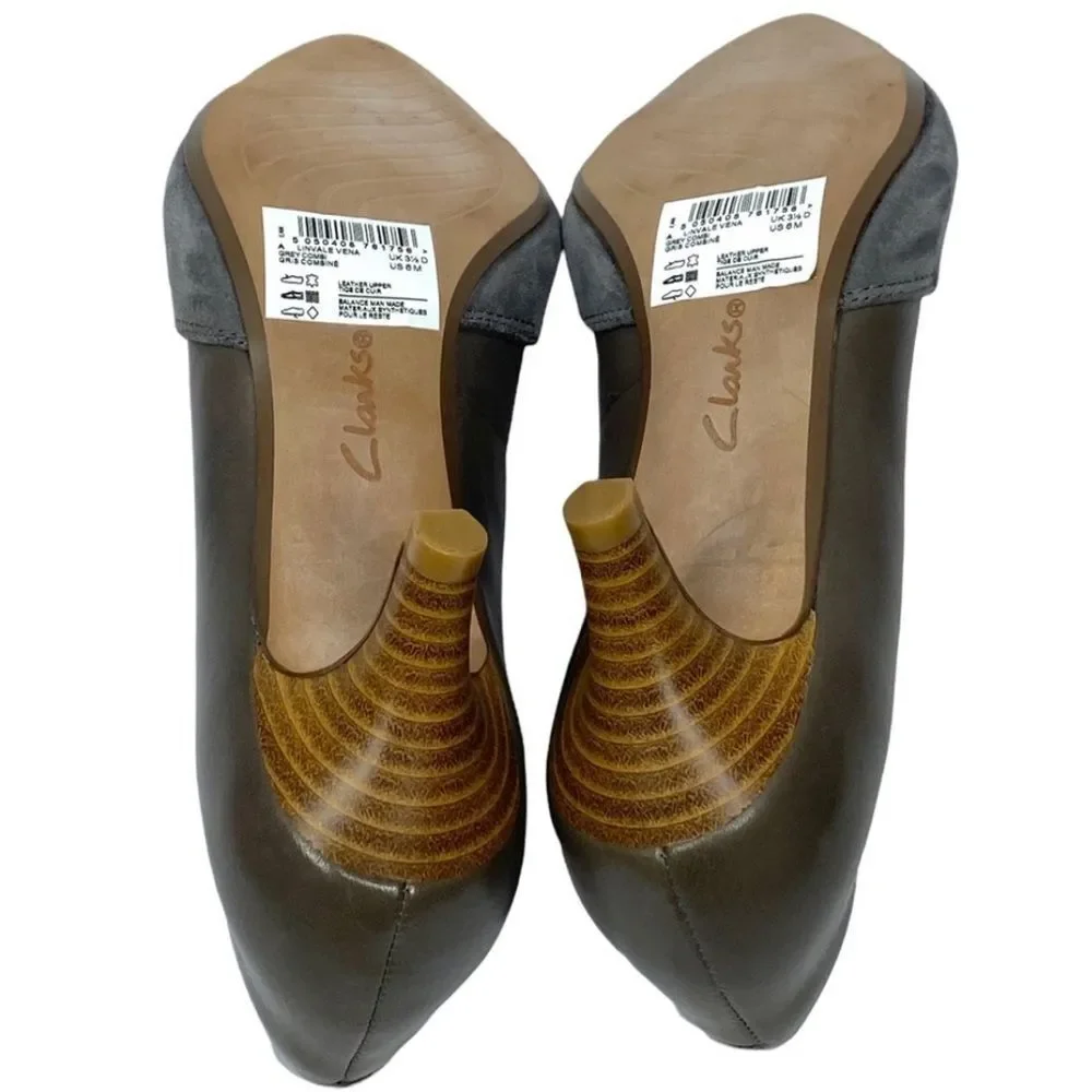 Clarks Grey Leather Combo Low Heel Pumps, Size 6 Linvale Ultimate Comfort New